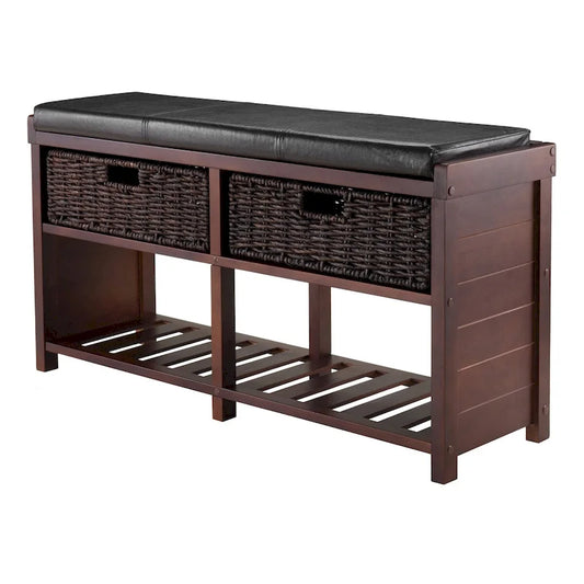 38  Brown Cushion Bench with Corn Husk Baskets