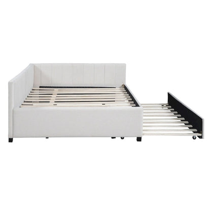 Lit de jour rembourré pleine grandeur avec cadre de lit gigogne, tissu en lin