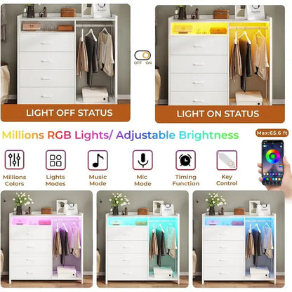 Commode pour chambre à coucher avec penderie, commode à 4 tiroirs