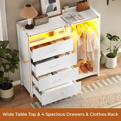 Commode pour chambre à coucher avec penderie, commode à 4 tiroirs
