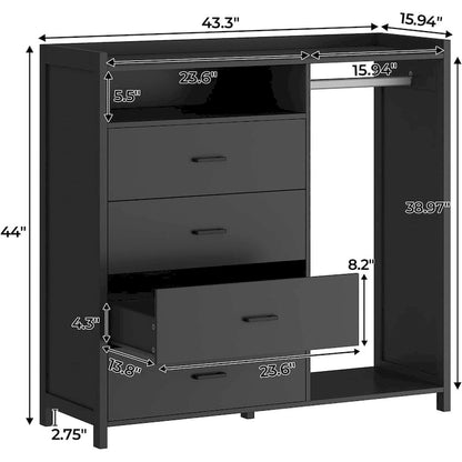 Commode pour chambre à coucher avec penderie, commode à 4 tiroirs