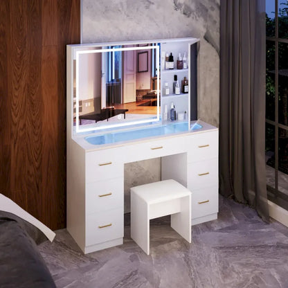 Ensemble coiffeuse avec plateau en verre, miroir lumineux, coiffeuse extra large avec 7 tiroirs et tabouret rembourré.
