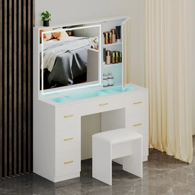 Ensemble coiffeuse avec plateau en verre, miroir lumineux, coiffeuse extra large avec 7 tiroirs et tabouret rembourré.
