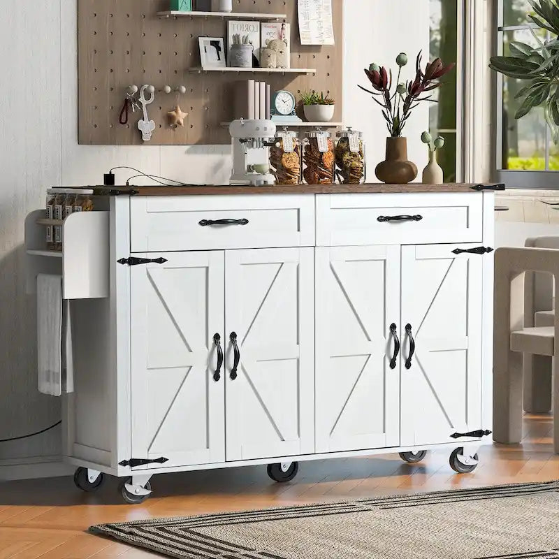 Îlot de cuisine de style campagnard avec prises électriques et panneaux rabattables
