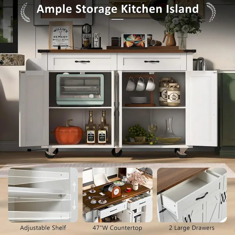Îlot de cuisine de style campagnard avec prises électriques et panneaux rabattables