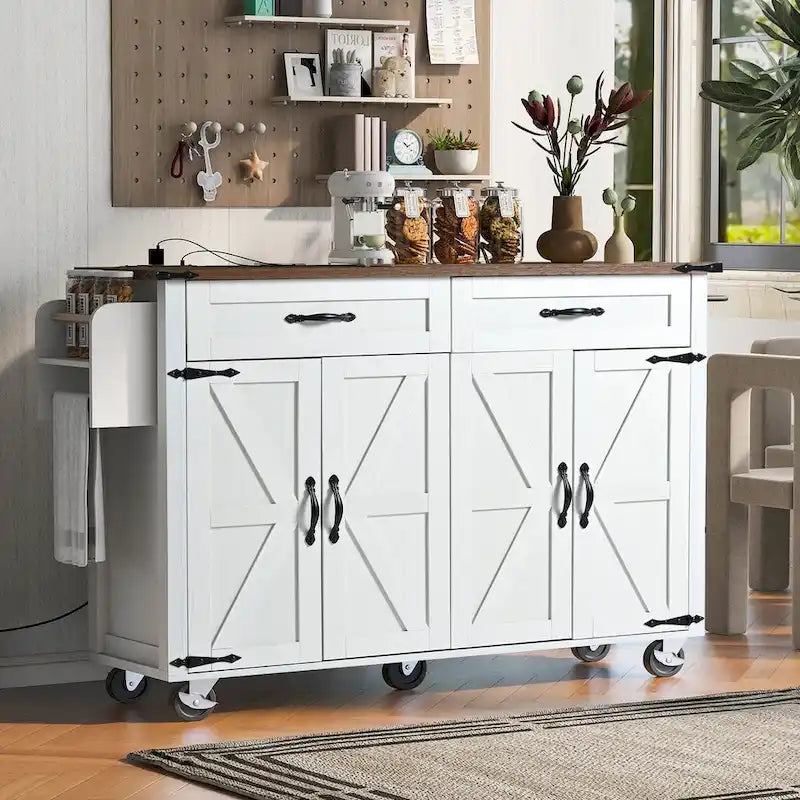 Îlot de cuisine de style campagnard avec prises électriques et panneaux rabattables