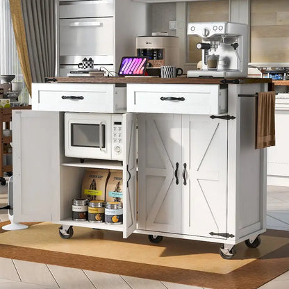 Îlot de cuisine de style campagnard avec prises électriques et panneaux rabattables