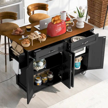 Îlot de cuisine de style campagnard avec prises électriques et panneaux rabattables
