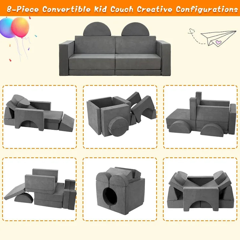 Canapé de jeu convertible 8 en 1 pour enfants, multifonctionnel et transformable.