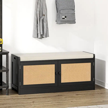 Banc de rangement à chaussures moderne Anmytek en bois et rotin avec coussin et étagères réglables pour entrée - 39,8 cm (L) x 15,7 cm (P) x 18,1 cm (H)
