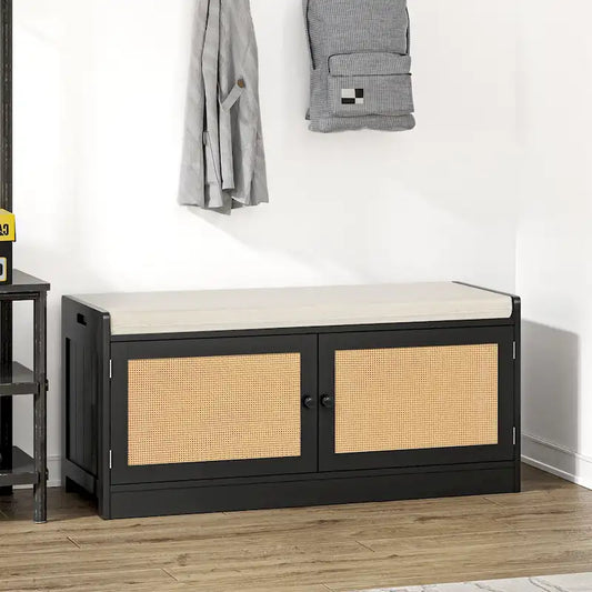 Anmytek Modern Wood Rattan Shoe Storage Bench with Cushion and Adjustable Shelves for Entryway - 39.8  W x 15.7  D x 18.1  H