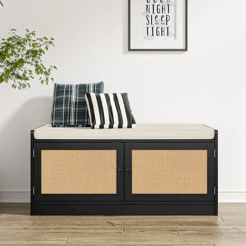 Banc de rangement à chaussures moderne Anmytek en bois et rotin avec coussin et étagères réglables pour entrée - 39,8 cm (L) x 15,7 cm (P) x 18,1 cm (H)