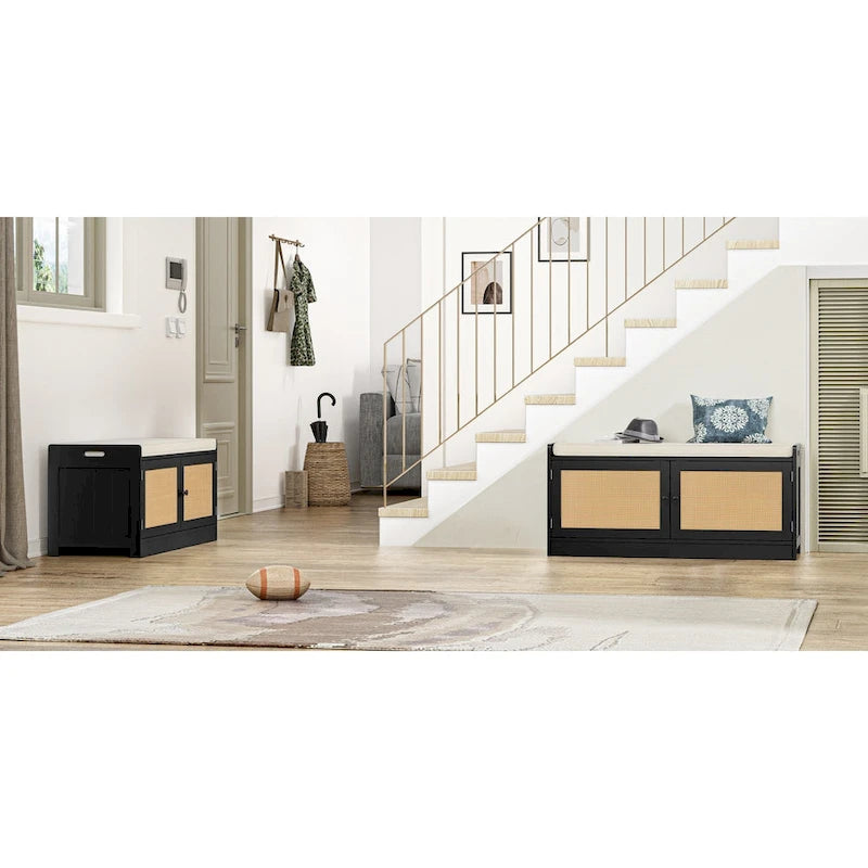 Banc de rangement à chaussures moderne Anmytek en bois et rotin avec coussin et étagères réglables pour entrée - 39,8 cm (L) x 15,7 cm (P) x 18,1 cm (H)