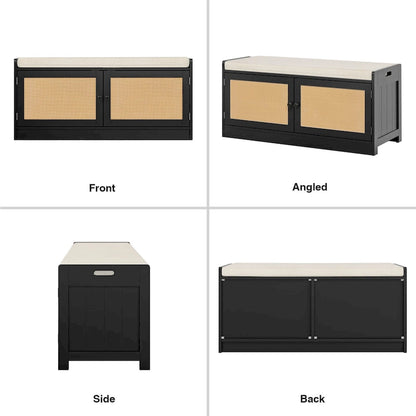 Banc de rangement à chaussures moderne Anmytek en bois et rotin avec coussin et étagères réglables pour entrée - 39,8 cm (L) x 15,7 cm (P) x 18,1 cm (H)