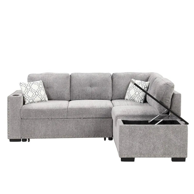Canapé-lit d'angle en forme de L de 213 cm (83,8 pouces) avec méridienne de rangement, ports USB, prises électriques et porte-gobelet
