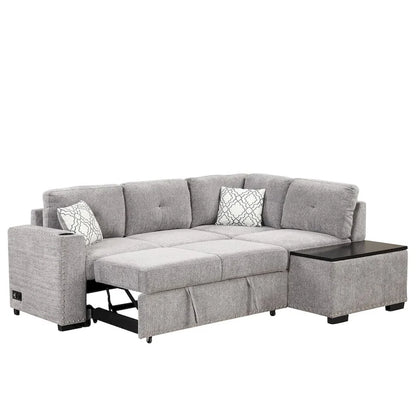 Canapé-lit d'angle en forme de L de 213 cm (83,8 pouces) avec méridienne de rangement, ports USB, prises électriques et porte-gobelet