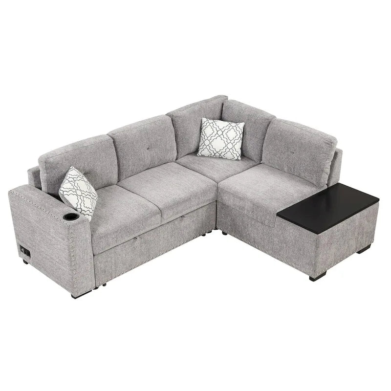 Canapé-lit d'angle en forme de L de 213 cm (83,8 pouces) avec méridienne de rangement, ports USB, prises électriques et porte-gobelet