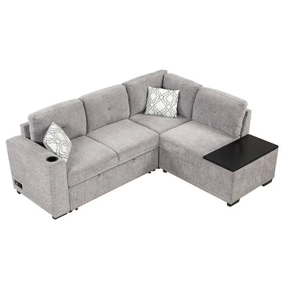Canapé-lit d'angle en forme de L de 213 cm (83,8 pouces) avec méridienne de rangement, ports USB, prises électriques et porte-gobelet