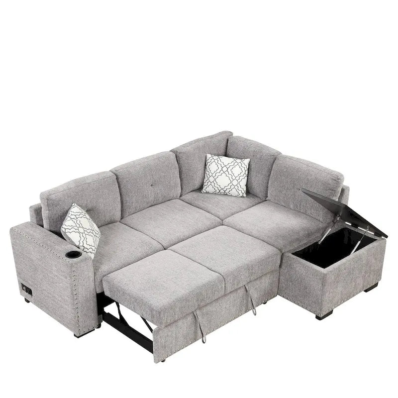 Canapé-lit d'angle en forme de L de 213 cm (83,8 pouces) avec méridienne de rangement, ports USB, prises électriques et porte-gobelet