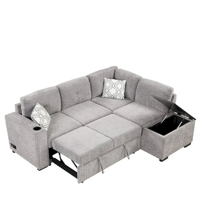 Canapé-lit d'angle en forme de L de 213 cm (83,8 pouces) avec méridienne de rangement, ports USB, prises électriques et porte-gobelet