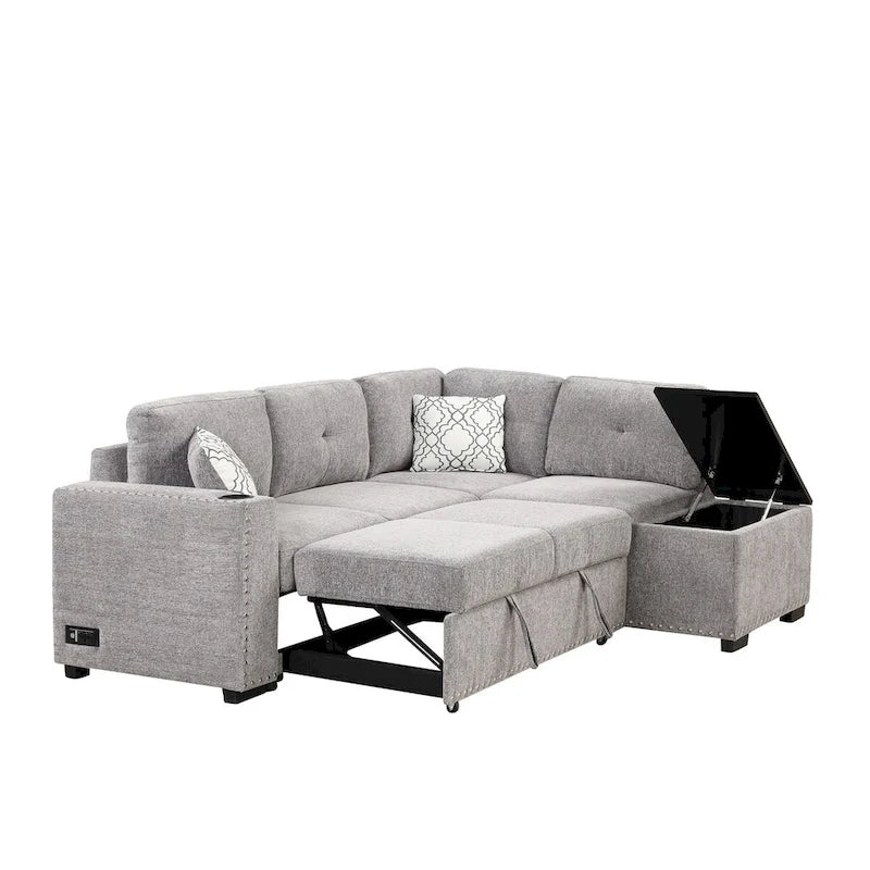 Canapé-lit d'angle en forme de L de 213 cm (83,8 pouces) avec méridienne de rangement, ports USB, prises électriques et porte-gobelet