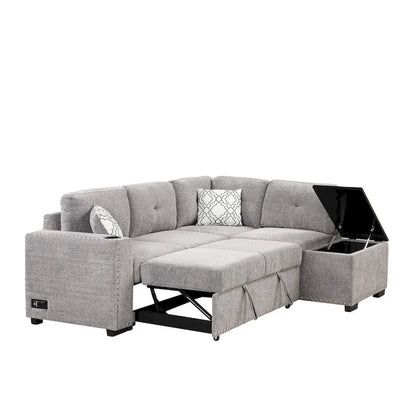 Canapé-lit d'angle en forme de L de 213 cm (83,8 pouces) avec méridienne de rangement, ports USB, prises électriques et porte-gobelet