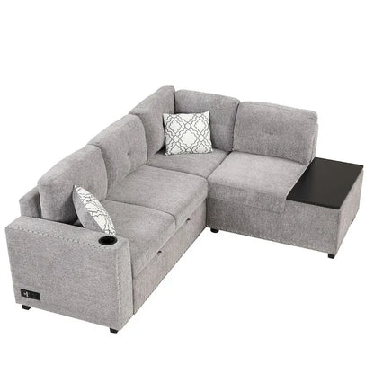 Canapé-lit d'angle en forme de L de 213 cm (83,8 pouces) avec méridienne de rangement, ports USB, prises électriques et porte-gobelet