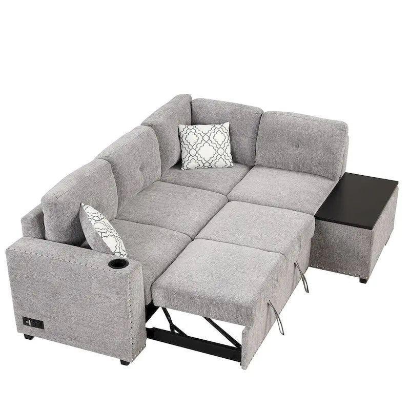 Canapé-lit d'angle en forme de L de 213 cm (83,8 pouces) avec méridienne de rangement, ports USB, prises électriques et porte-gobelet