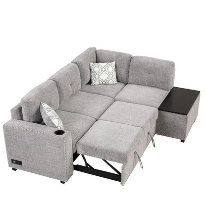 Canapé-lit d'angle en forme de L de 213 cm (83,8 pouces) avec méridienne de rangement, ports USB, prises électriques et porte-gobelet