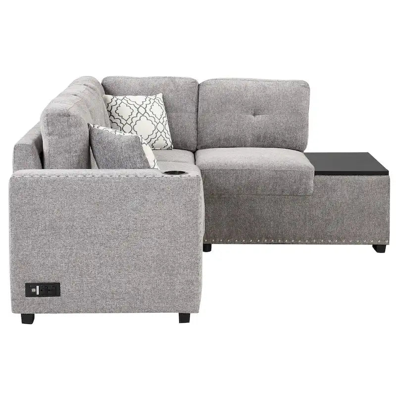 Canapé-lit d'angle en forme de L de 213 cm (83,8 pouces) avec méridienne de rangement, ports USB, prises électriques et porte-gobelet