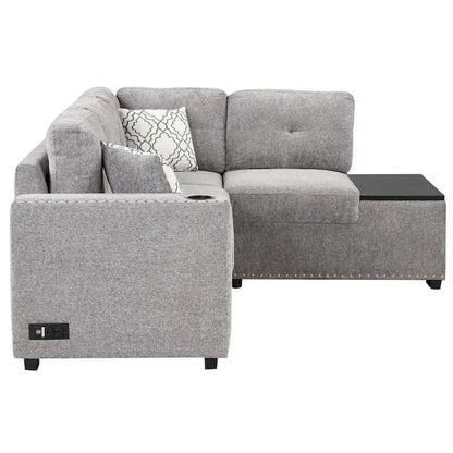 Canapé-lit d'angle en forme de L de 213 cm (83,8 pouces) avec méridienne de rangement, ports USB, prises électriques et porte-gobelet