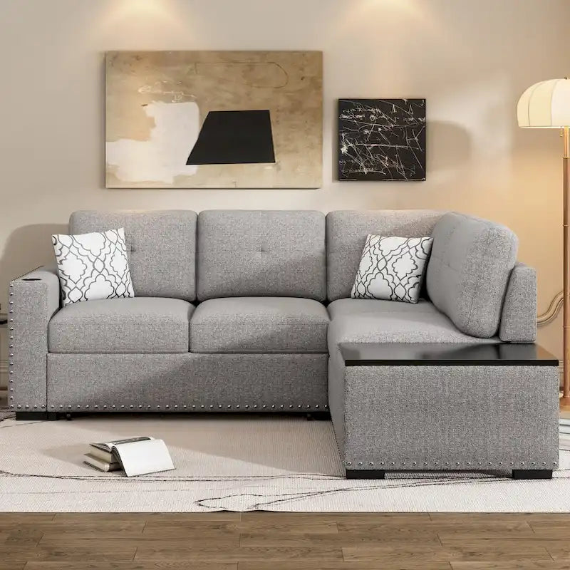 Canapé-lit d'angle en forme de L de 213 cm (83,8 pouces) avec méridienne de rangement, ports USB, prises électriques et porte-gobelet