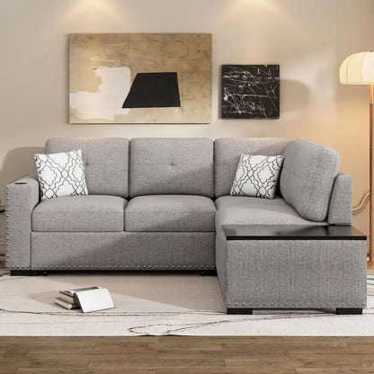 Canapé-lit d'angle en forme de L de 213 cm (83,8 pouces) avec méridienne de rangement, ports USB, prises électriques et porte-gobelet