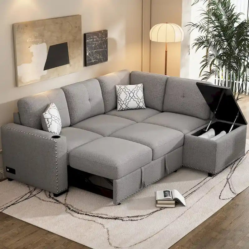 Canapé-lit d'angle en forme de L de 213 cm (83,8 pouces) avec méridienne de rangement, ports USB, prises électriques et porte-gobelet
