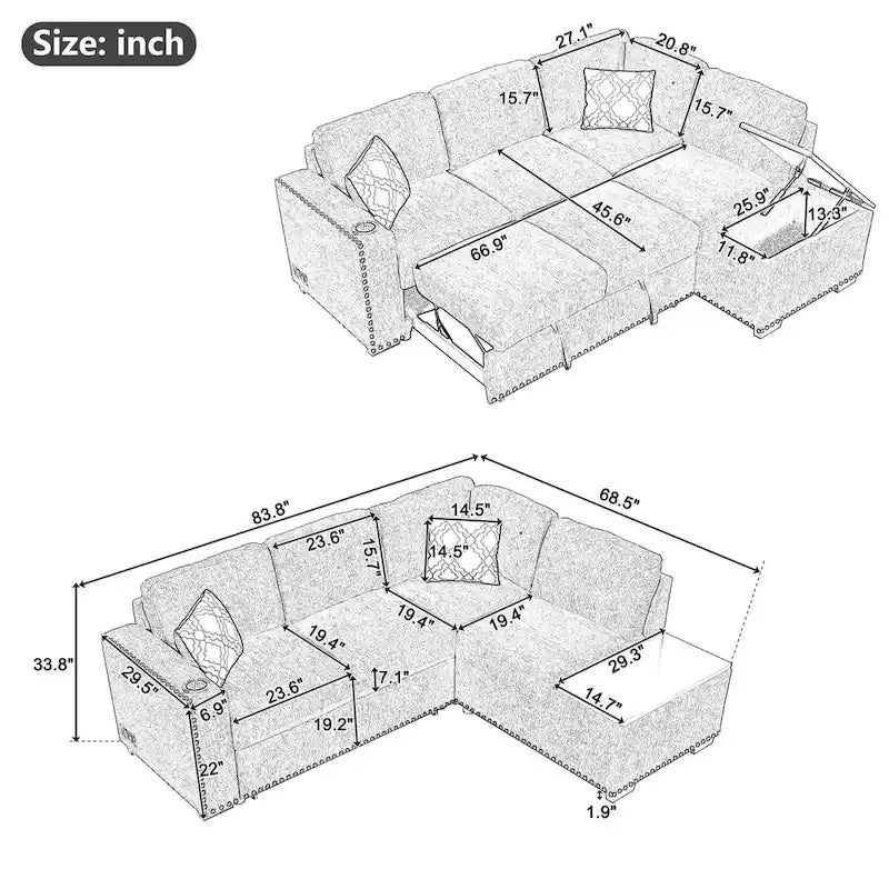 Canapé-lit d'angle en forme de L de 213 cm (83,8 pouces) avec méridienne de rangement, ports USB, prises électriques et porte-gobelet
