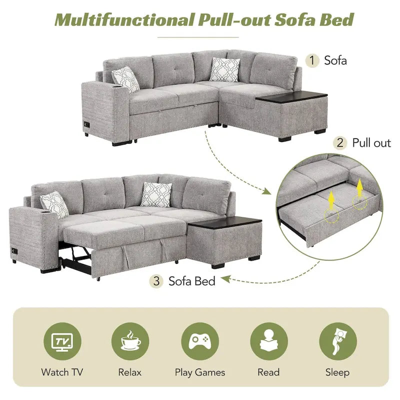 Canapé-lit d'angle en forme de L de 213 cm (83,8 pouces) avec méridienne de rangement, ports USB, prises électriques et porte-gobelet