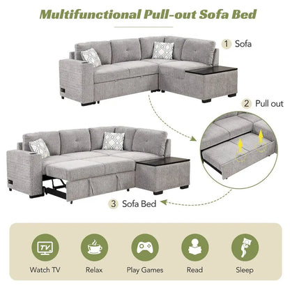 Canapé-lit d'angle en forme de L de 213 cm (83,8 pouces) avec méridienne de rangement, ports USB, prises électriques et porte-gobelet