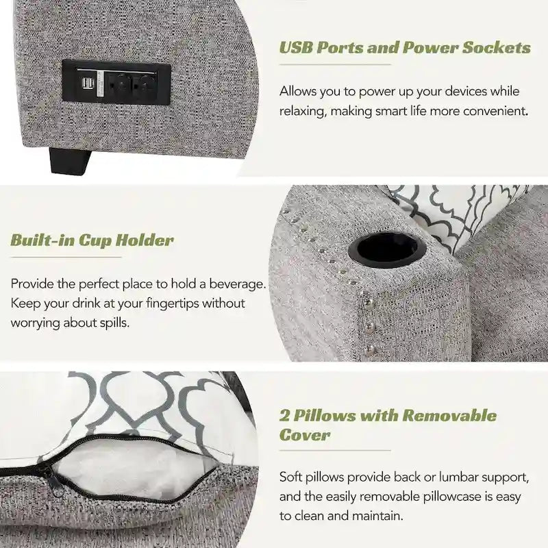 Canapé-lit d'angle en forme de L de 213 cm (83,8 pouces) avec méridienne de rangement, ports USB, prises électriques et porte-gobelet