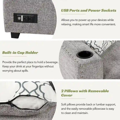 Canapé-lit d'angle en forme de L de 213 cm (83,8 pouces) avec méridienne de rangement, ports USB, prises électriques et porte-gobelet