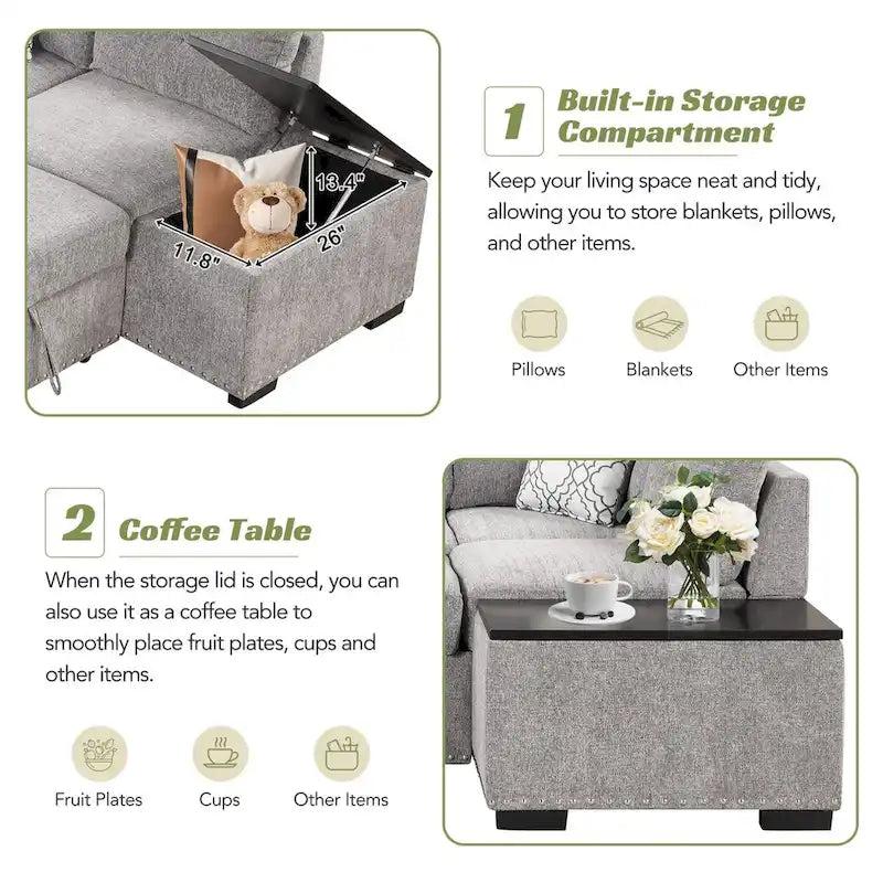 Canapé-lit d'angle en forme de L de 213 cm (83,8 pouces) avec méridienne de rangement, ports USB, prises électriques et porte-gobelet