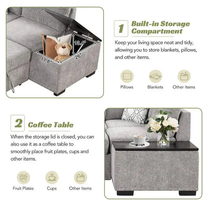Canapé-lit d'angle en forme de L de 213 cm (83,8 pouces) avec méridienne de rangement, ports USB, prises électriques et porte-gobelet