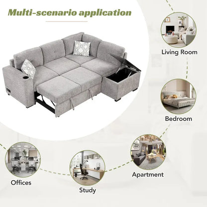 Canapé-lit d'angle en forme de L de 213 cm (83,8 pouces) avec méridienne de rangement, ports USB, prises électriques et porte-gobelet