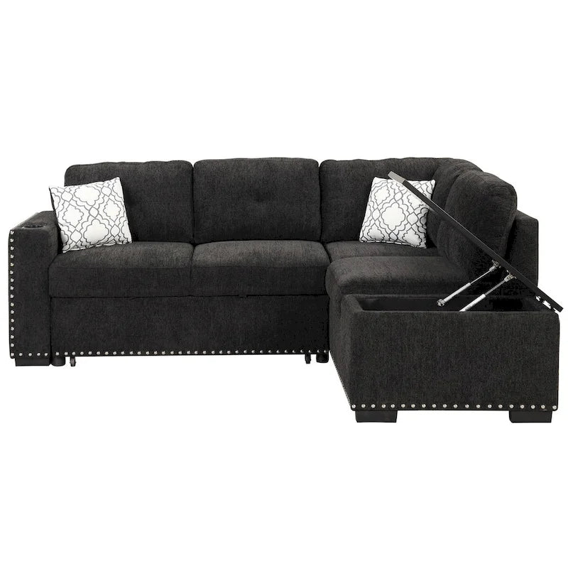 Canapé-lit d'angle en forme de L de 213 cm (83,8 pouces) avec méridienne de rangement, ports USB, prises électriques et porte-gobelet