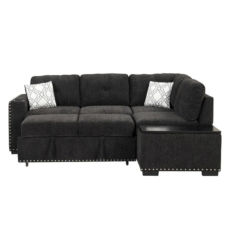 Canapé-lit d'angle en forme de L de 213 cm (83,8 pouces) avec méridienne de rangement, ports USB, prises électriques et porte-gobelet