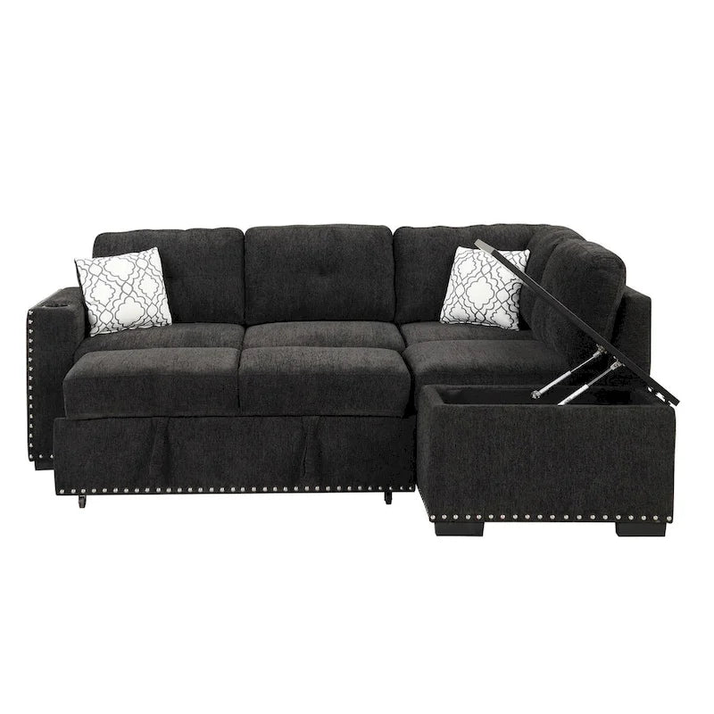 Canapé-lit d'angle en forme de L de 213 cm (83,8 pouces) avec méridienne de rangement, ports USB, prises électriques et porte-gobelet