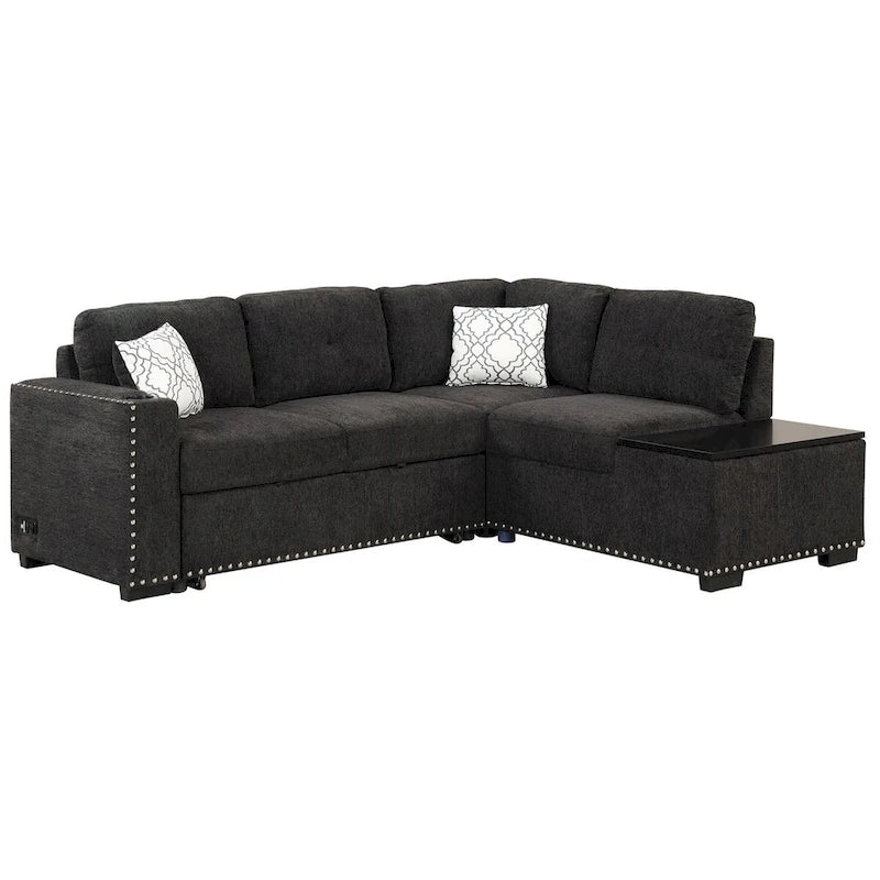 Canapé-lit d'angle en forme de L de 213 cm (83,8 pouces) avec méridienne de rangement, ports USB, prises électriques et porte-gobelet