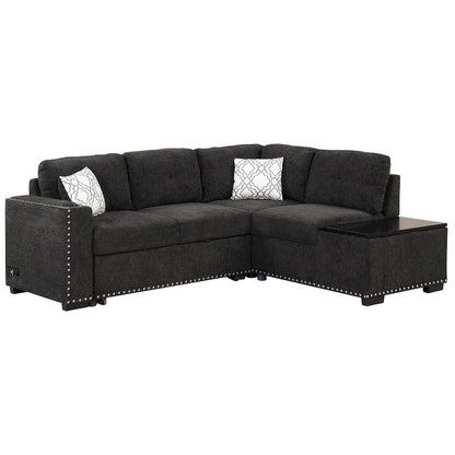 Canapé-lit d'angle en forme de L de 213 cm (83,8 pouces) avec méridienne de rangement, ports USB, prises électriques et porte-gobelet