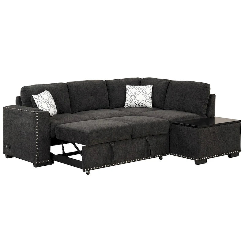 Canapé-lit d'angle en forme de L de 213 cm (83,8 pouces) avec méridienne de rangement, ports USB, prises électriques et porte-gobelet