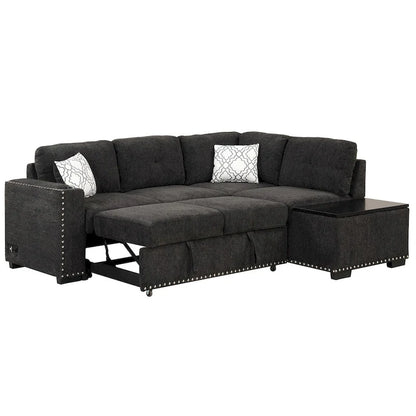 Canapé-lit d'angle en forme de L de 213 cm (83,8 pouces) avec méridienne de rangement, ports USB, prises électriques et porte-gobelet