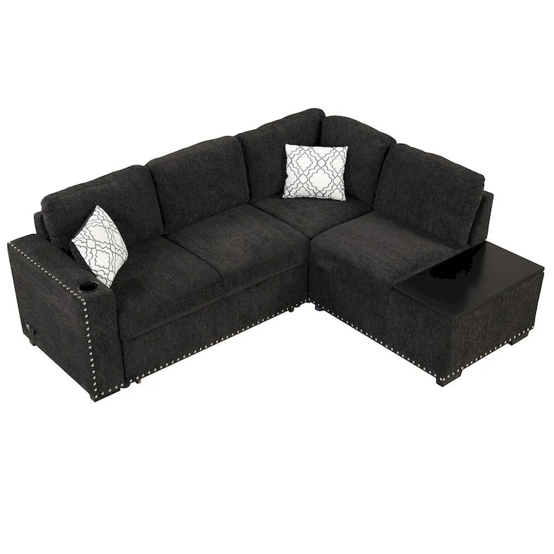 Canapé-lit d'angle en forme de L de 213 cm (83,8 pouces) avec méridienne de rangement, ports USB, prises électriques et porte-gobelet